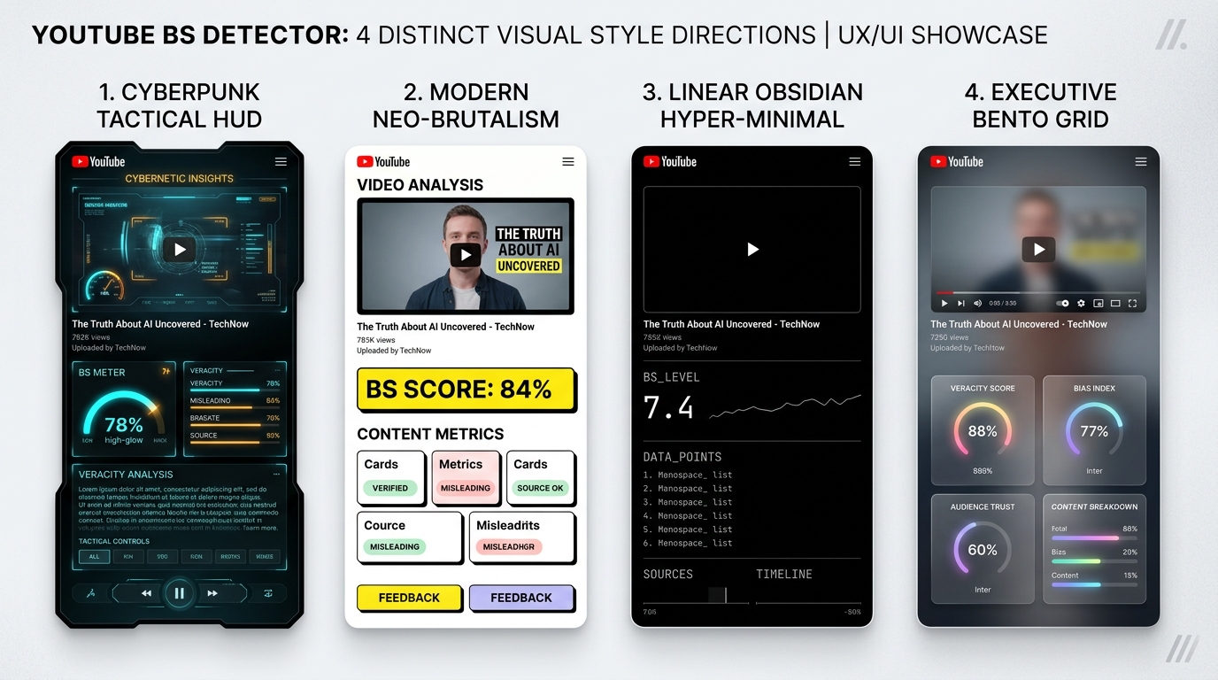 Styles 1 to 4: Cyberpunk, Neo-Brutalism, Linear Obsidian, Bento Grid