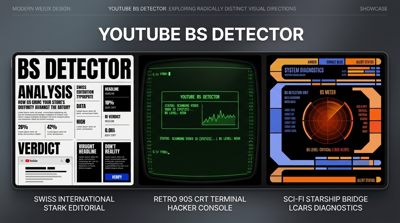 Styles 5 to 7: Swiss Stark Editorial, Retro 90s CRT, Sci-Fi Bridge